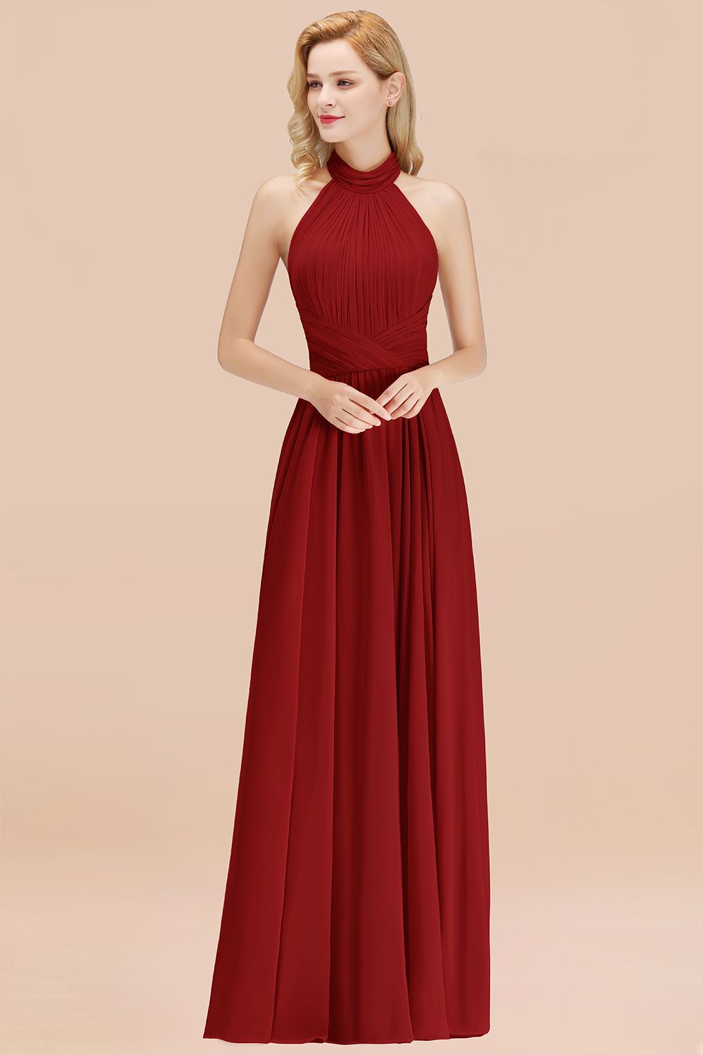 Gorgeous High-Neck Halter Backless Bridesmaid Dresses Dusty Rose Chiffon Maid of Honor Dress