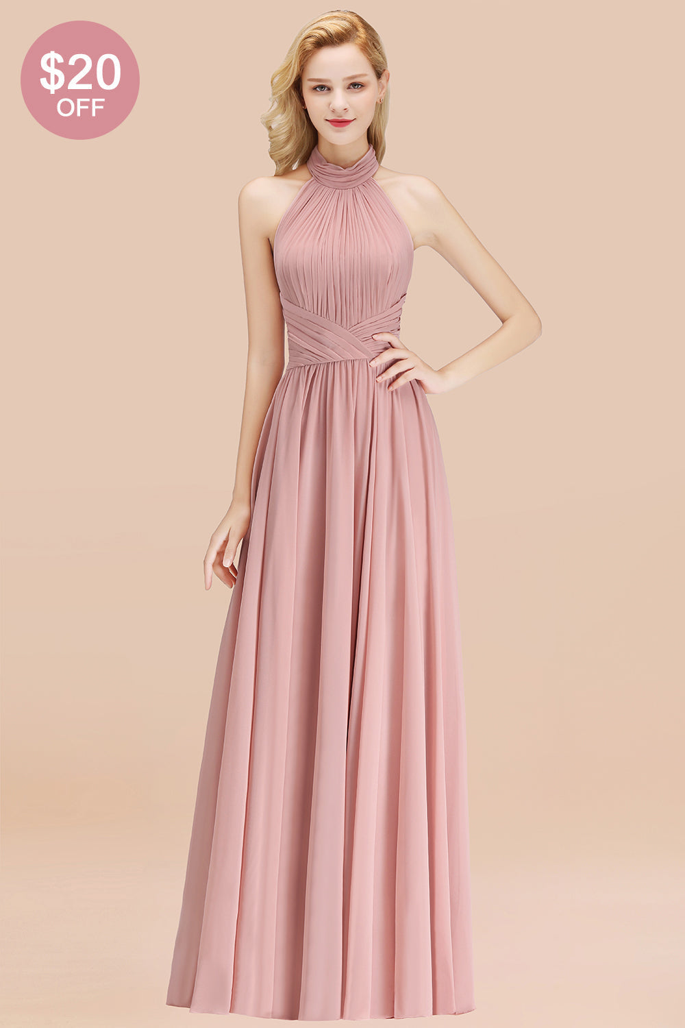 Gorgeous High-Neck Halter Backless Bridesmaid Dresses Dusty Rose Chiffon Maid of Honor Dress