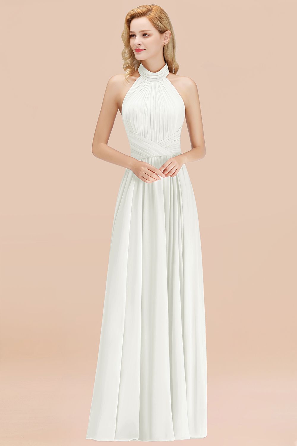 Gorgeous High-Neck Halter Backless Bridesmaid Dresses Dusty Rose Chiffon Maid of Honor Dress - Fashionpara