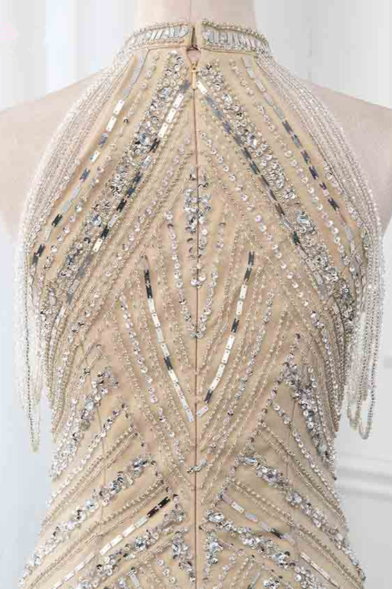 Gorgeous High-Neck Sleeveless Mermaid Prom Dresses with Rhinestoes - Fashionpara