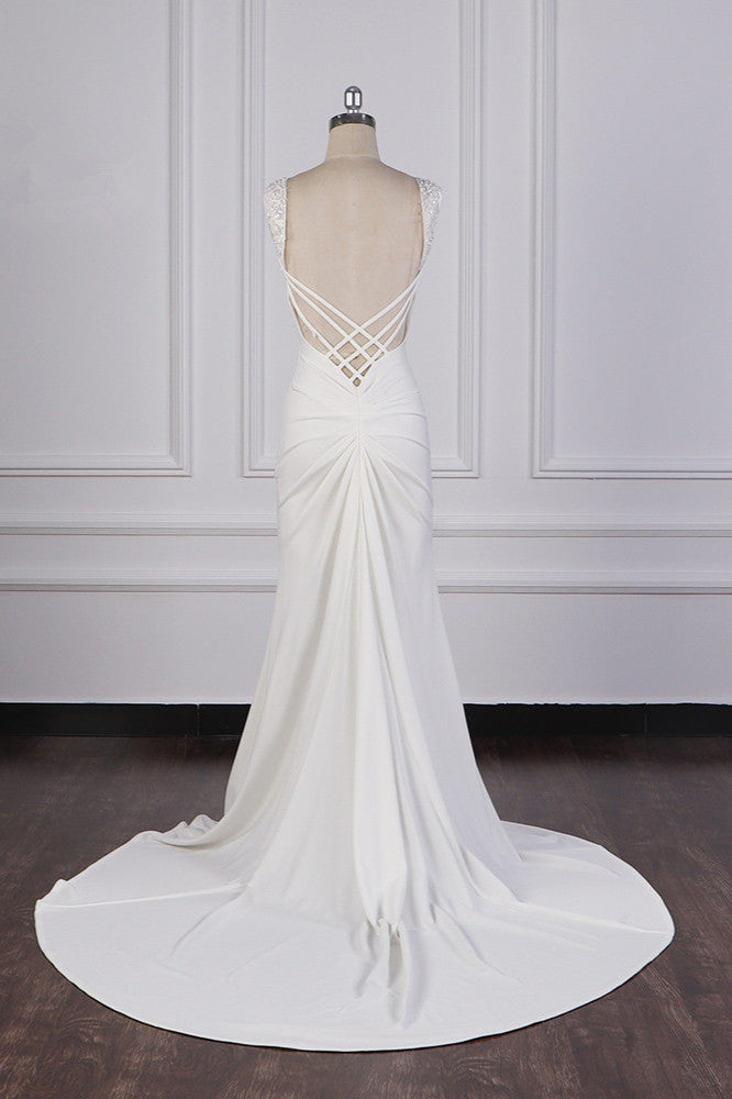 Gorgeous Jewel Mermaid Satin Wedding Dress Sleeveless Ruffles Appliques Beadings Bridal Gowns - Fashionpara