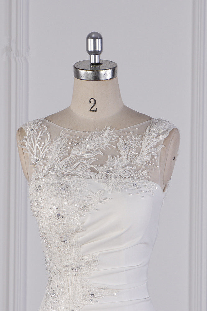 Gorgeous Jewel Mermaid Satin Wedding Dress Sleeveless Ruffles Appliques Beadings Bridal Gowns - Fashionpara