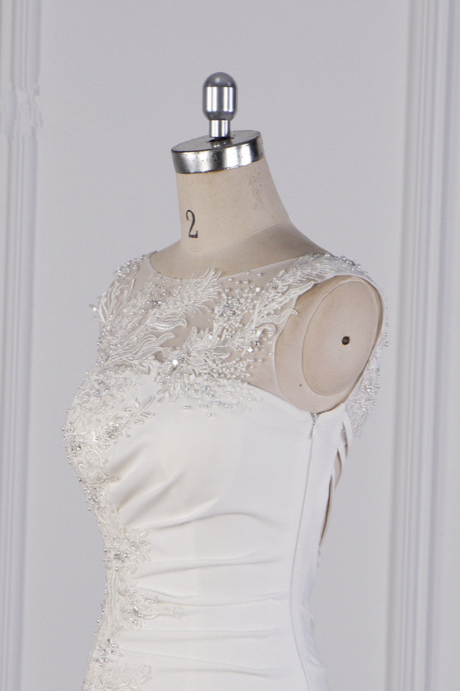 Gorgeous Jewel Mermaid Satin Wedding Dress Sleeveless Ruffles Appliques Beadings Bridal Gowns - Fashionpara