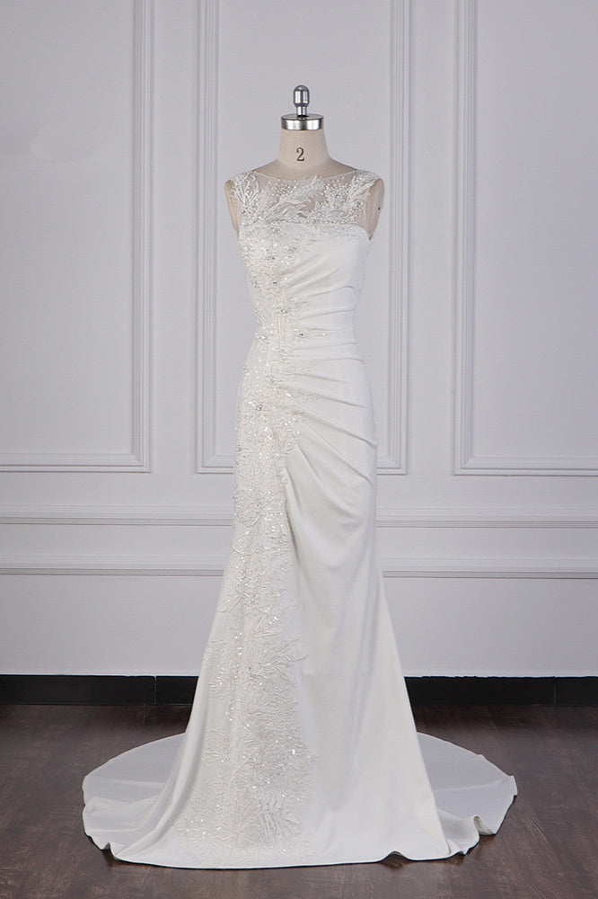 Gorgeous Jewel Mermaid Satin Wedding Dress Sleeveless Ruffles Appliques Beadings Bridal Gowns - Fashionpara