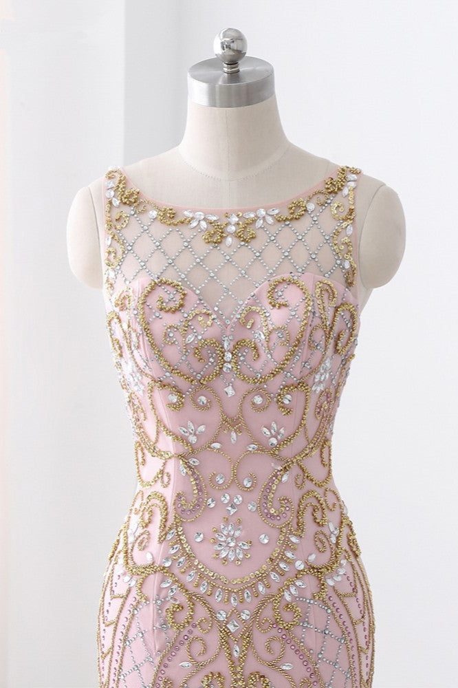 Gorgeous Jewel Pink Tulle Prom Dresses Mermaid Rhinestones Appliques Formal Dresses On Sale - Fashionpara