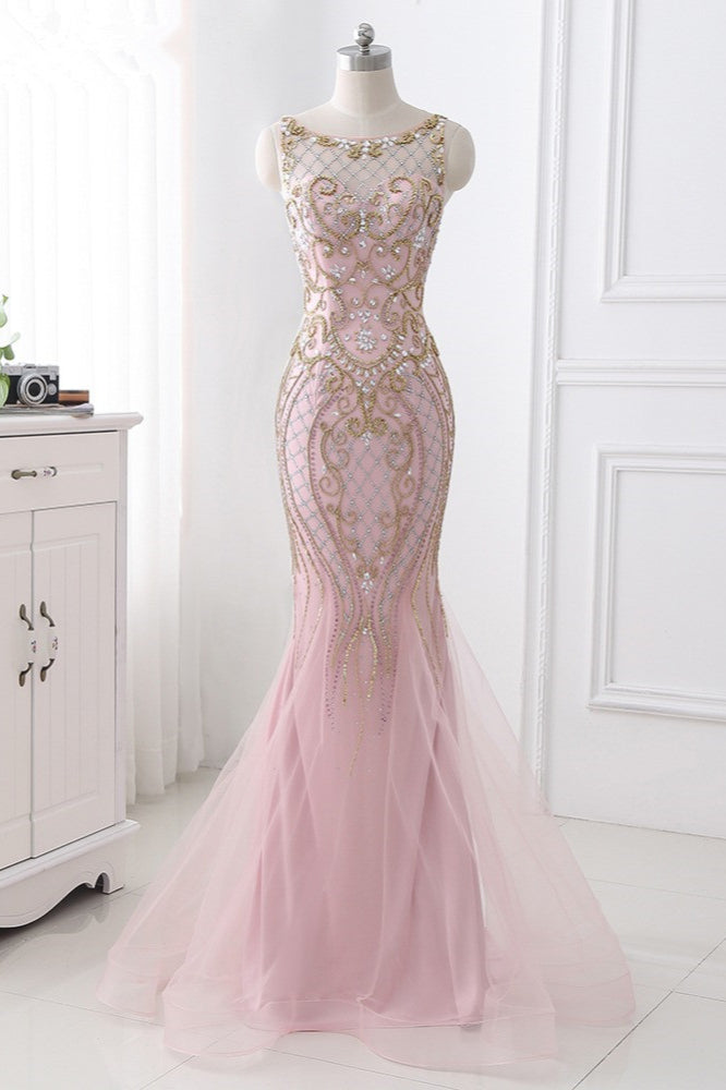 Gorgeous Jewel Pink Tulle Prom Dresses Mermaid Rhinestones Appliques Formal Dresses On Sale - Fashionpara