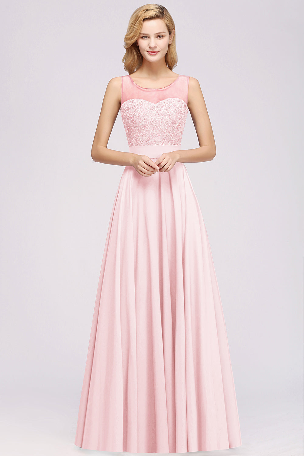 Gorgeous Lace Jewel Affordable Pink Bridesmaid Dresses with Beadings - Fashionpara