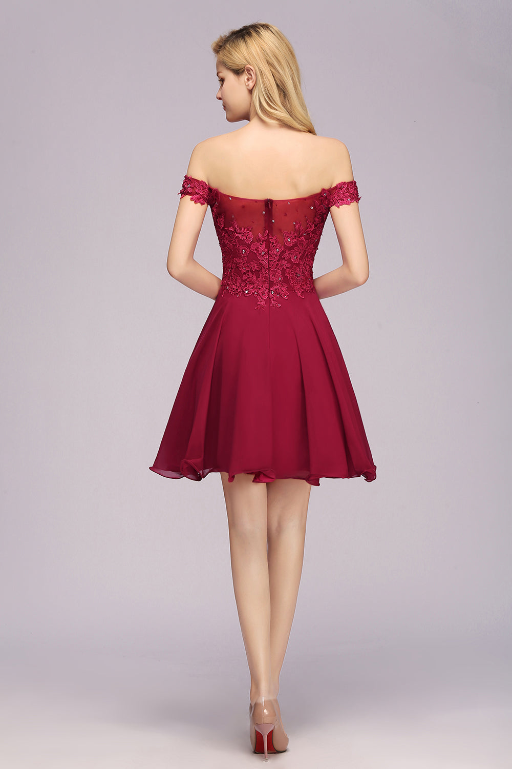 Gorgeous Lace Off-the-shoulder Short Burgundy Bridesmaid dresses - Fashionpara