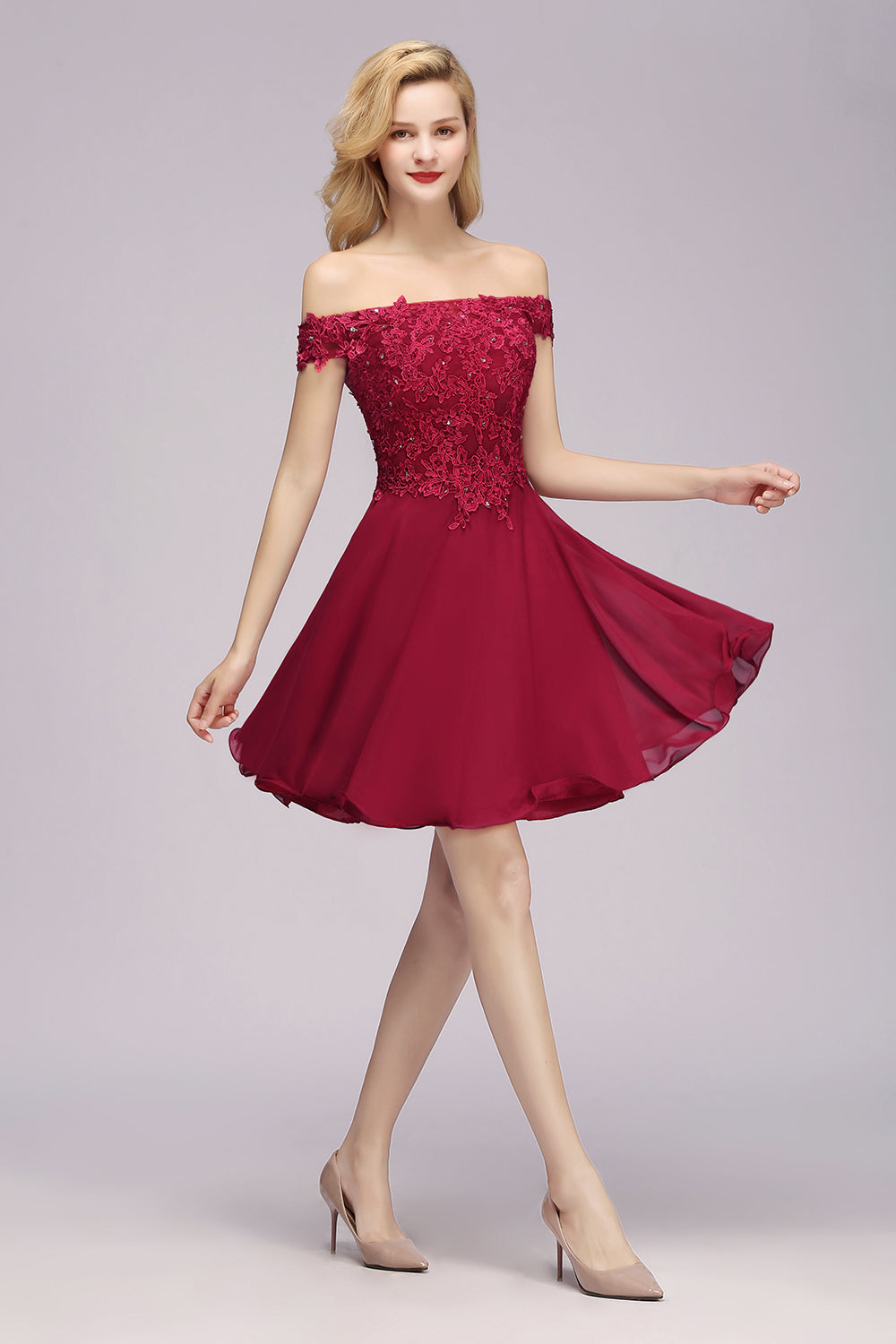 Gorgeous Lace Off-the-shoulder Short Burgundy Bridesmaid dresses - Fashionpara