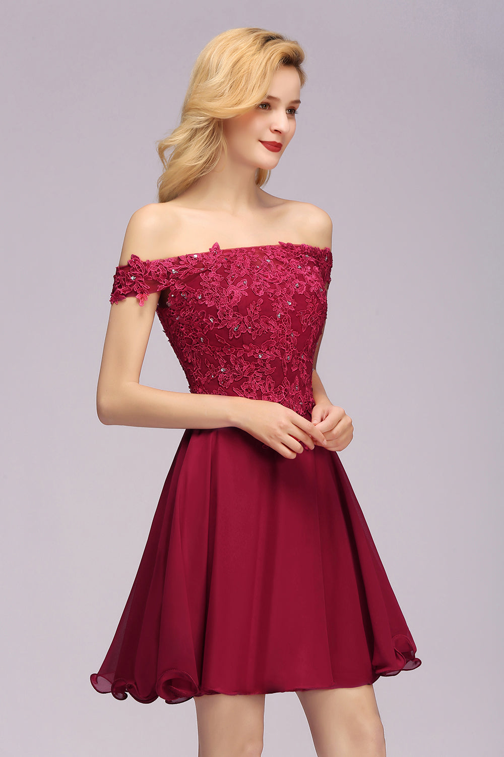 Gorgeous Lace Off-the-shoulder Short Burgundy Bridesmaid dresses - Fashionpara