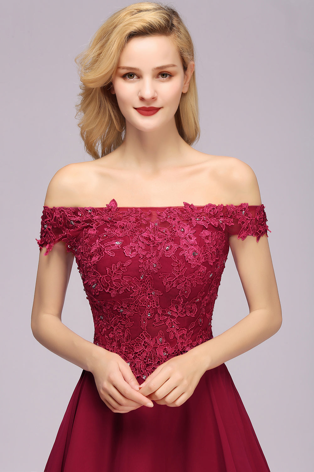 Gorgeous Lace Off-the-shoulder Short Burgundy Bridesmaid dresses - Fashionpara