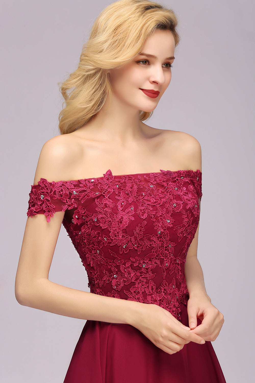 Gorgeous Lace Off-the-shoulder Short Burgundy Bridesmaid dresses - Fashionpara