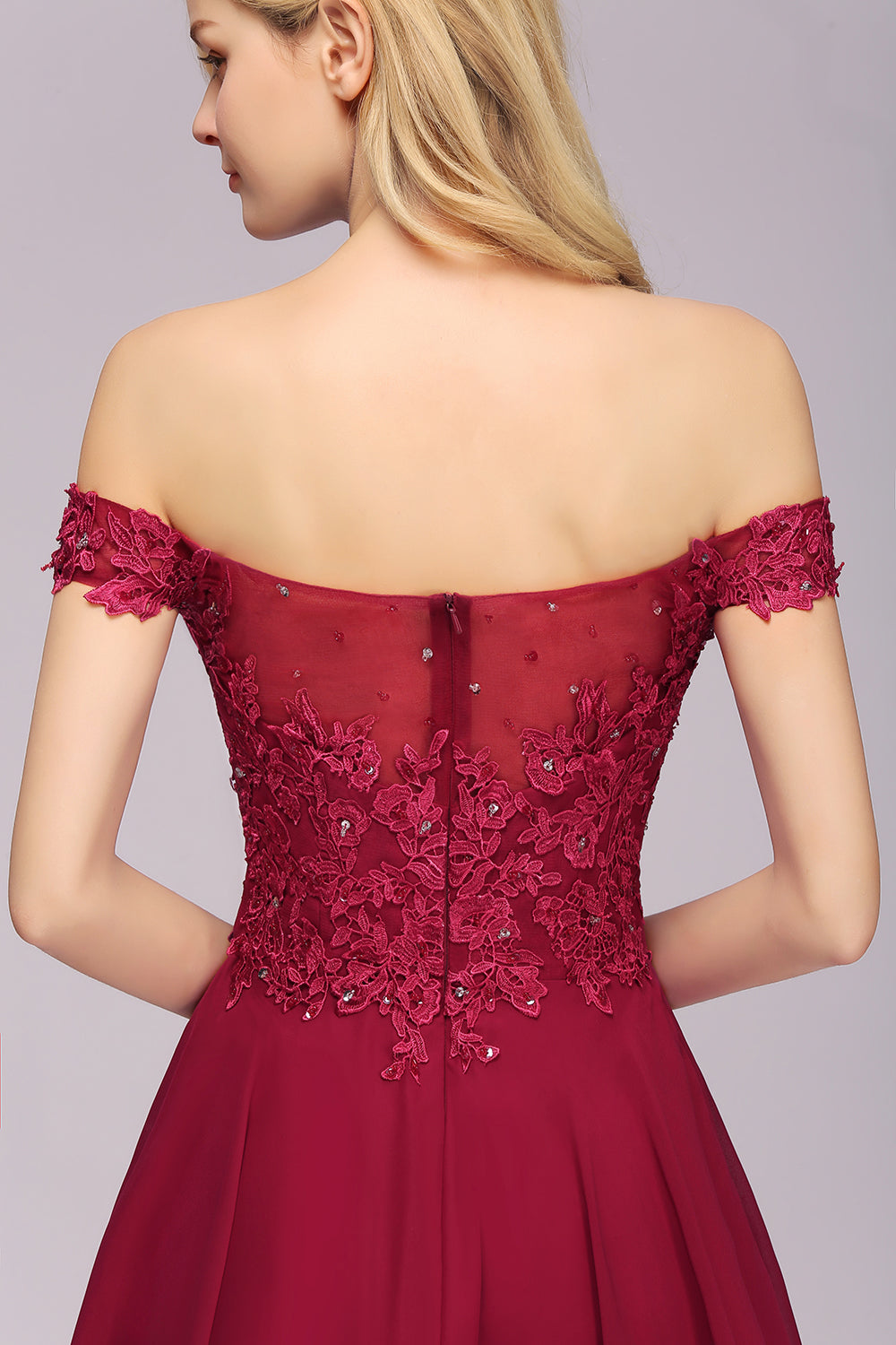 Gorgeous Lace Off-the-shoulder Short Burgundy Bridesmaid dresses - Fashionpara