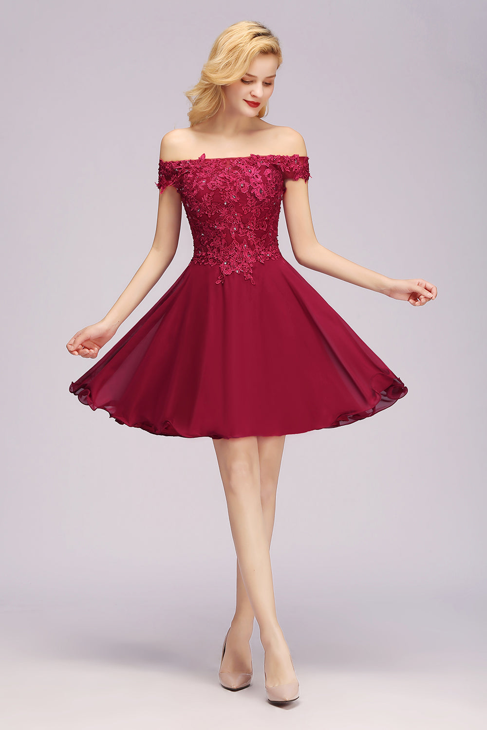 Gorgeous Lace Off-the-shoulder Short Burgundy Bridesmaid dresses - Fashionpara
