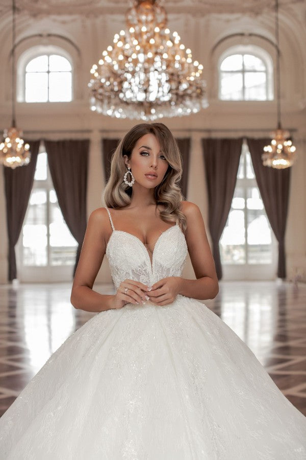 Gorgeous Long A-Line V-Neck Sleeveless Princess Wedding Gown with Lace - Fashionpara