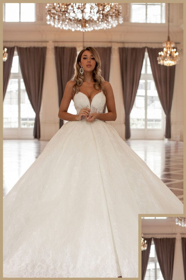 Gorgeous Long A-Line V-Neck Sleeveless Princess Wedding Gown with Lace - Fashionpara