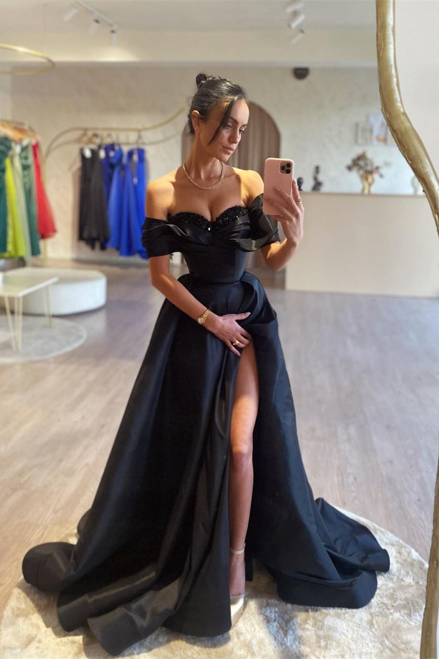 A-line Gorgeous Long Black Off-the-shoulder Prom Dress With Beadings - Fashionpara