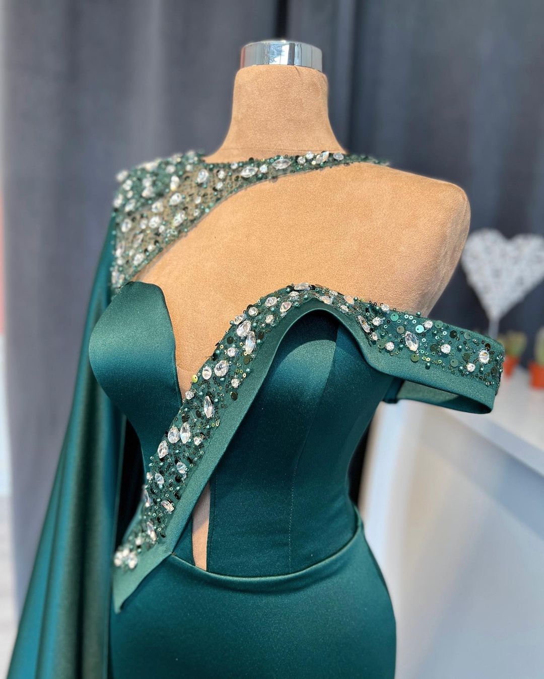 Fabulous Mermaid Dark Green Crystals Prom Dress With Lace - Fashionpara