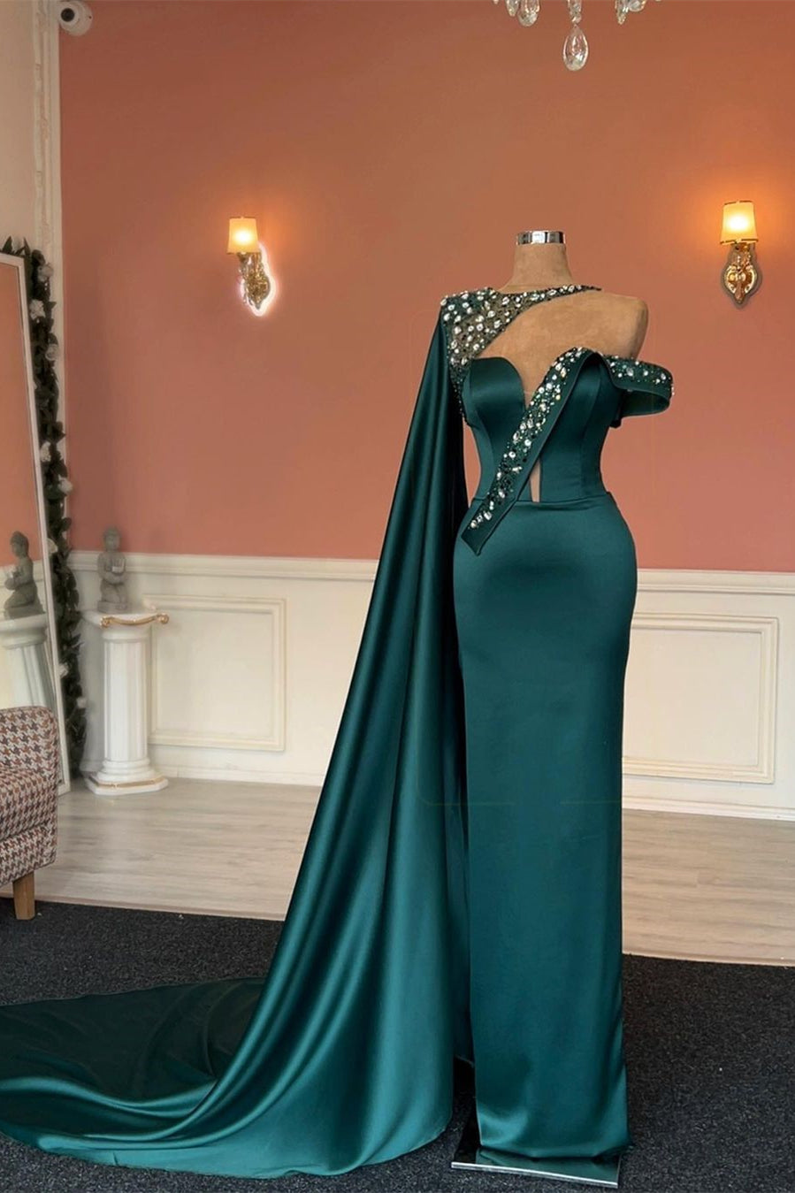 Fabulous Mermaid Dark Green Crystals Prom Dress With Lace - Fashionpara