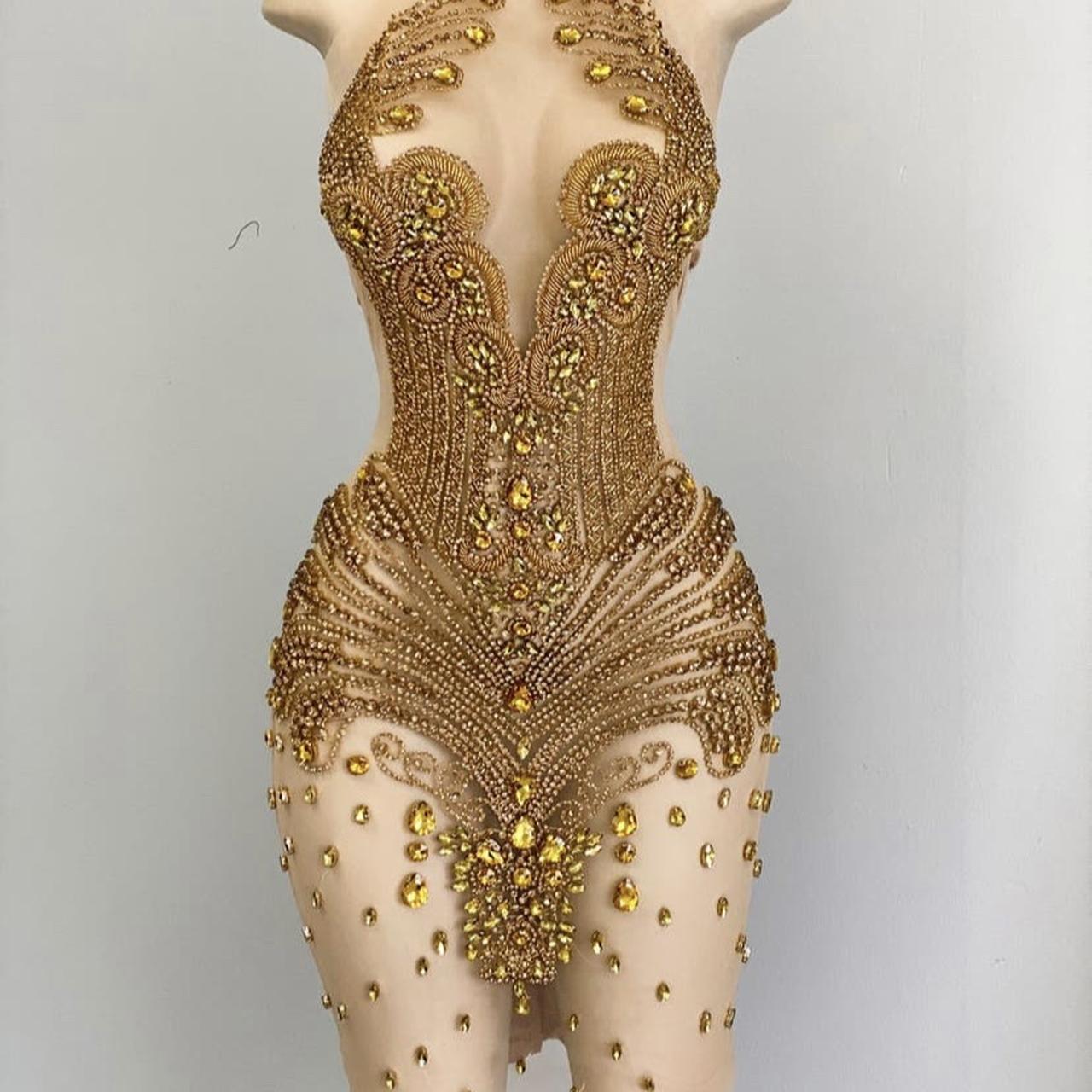 Sexy Gold Mermaid Gorgeous Long Lace Sleeveless Prom Dress - Fashionpara