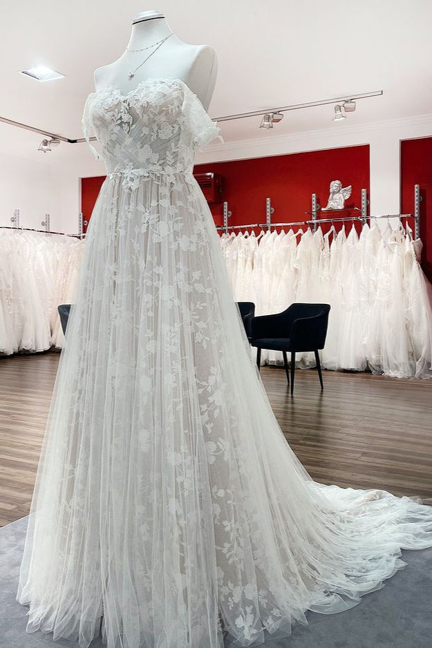 Gorgeous Off The Shoulder Tulle Lace Ruffles Wedding Dresses - Fashionpara