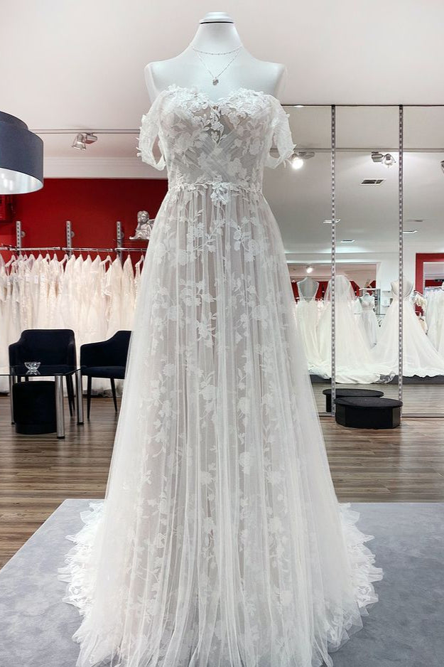 Gorgeous Off The Shoulder Tulle Lace Ruffles Wedding Dresses - Fashionpara