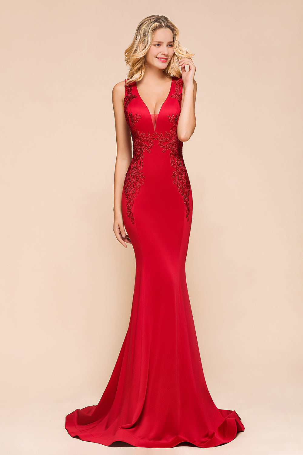 Gorgeous Red Mermaid V-Neck Prom Dress Long With Lace Appliques - Fashionpara