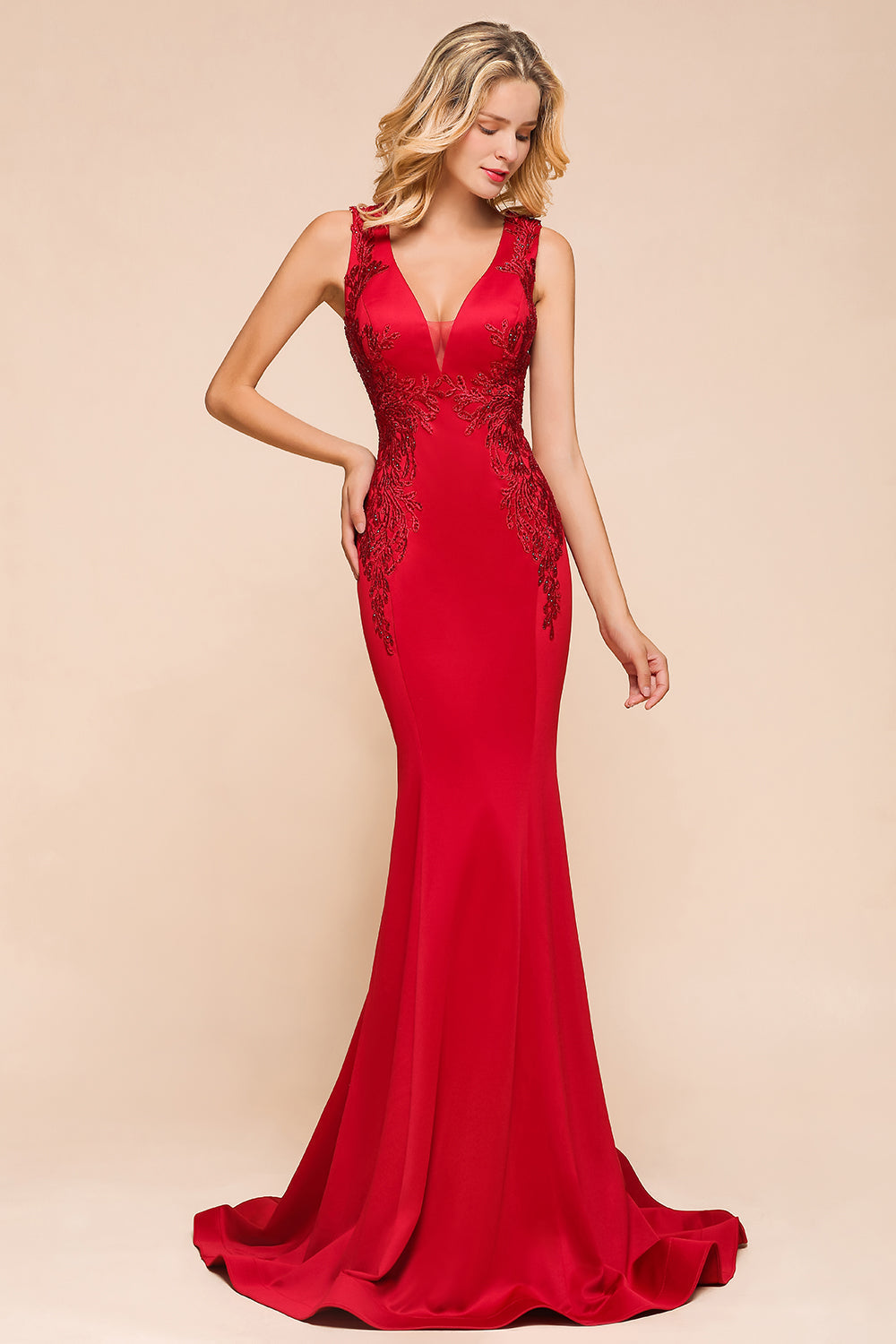 Gorgeous Red Mermaid V-Neck Prom Dress Long With Lace Appliques - Fashionpara