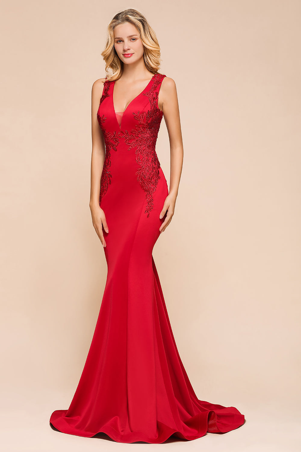 Gorgeous Red Mermaid V-Neck Prom Dress Long With Lace Appliques - Fashionpara