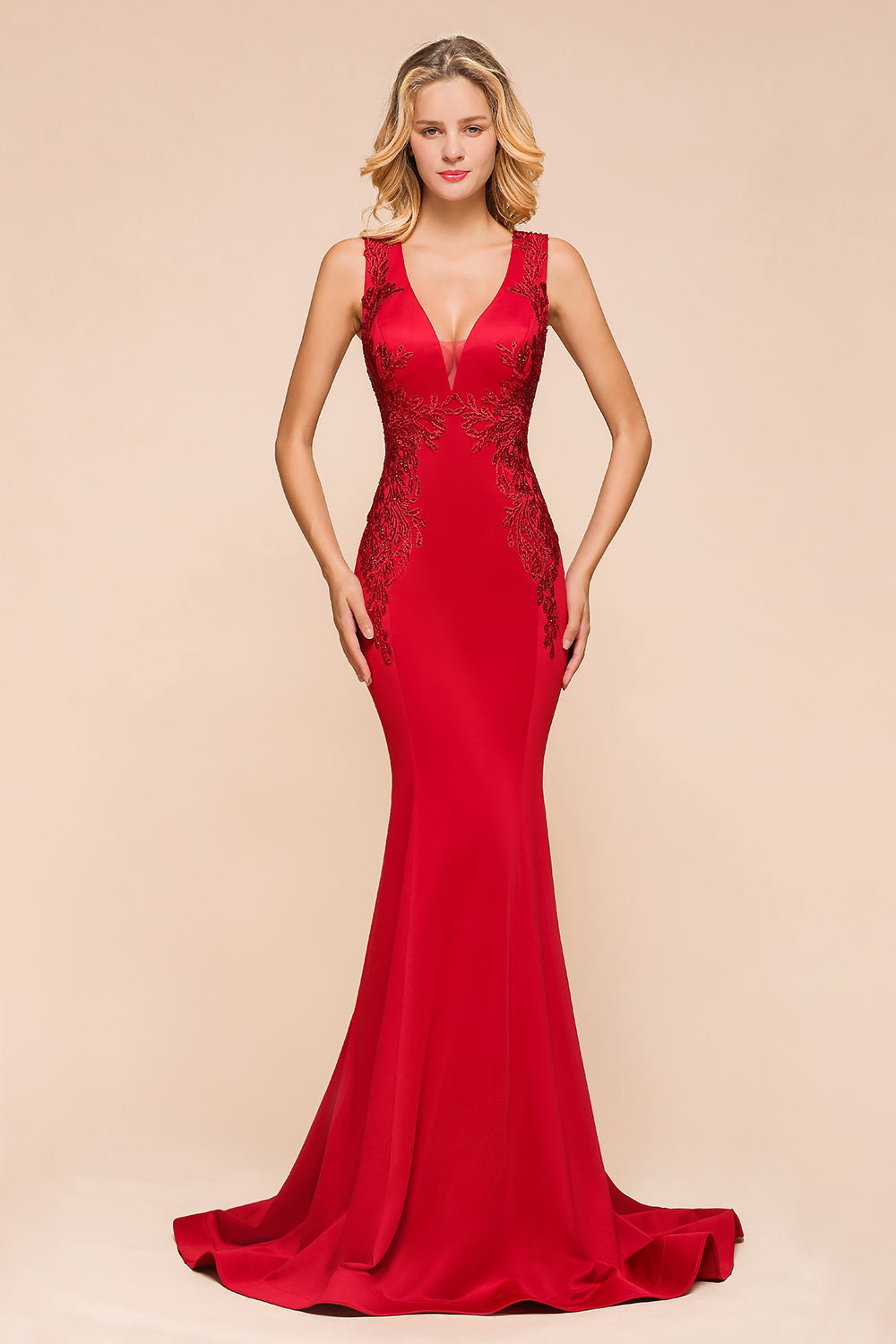 Gorgeous Red Mermaid V-Neck Prom Dress Long With Lace Appliques - Fashionpara
