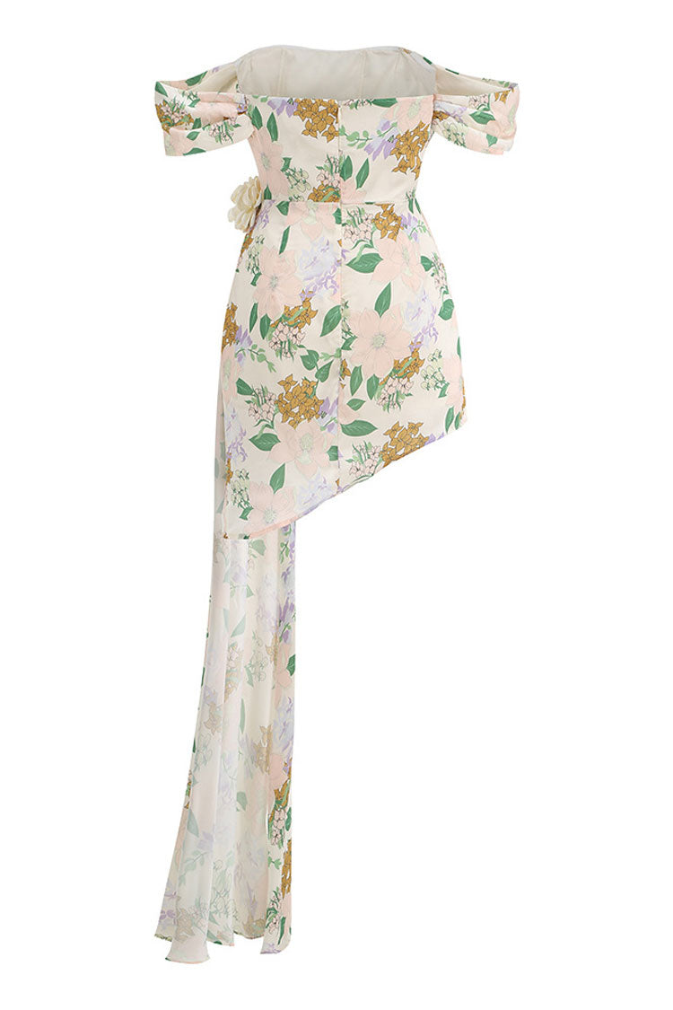 Gorgeous Rosette Printed Cowl Neck Off Shoulder Draped Party Mini Dress - Fashionpara
