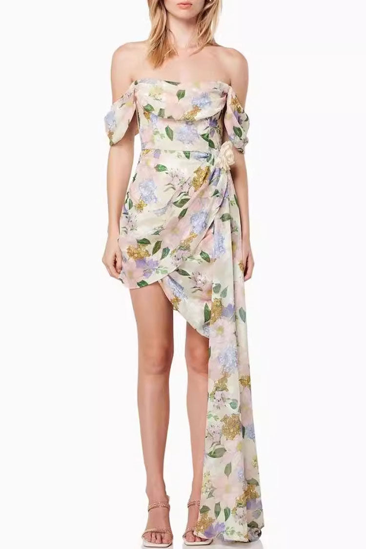 Gorgeous Rosette Printed Cowl Neck Off Shoulder Draped Party Mini Dress - Fashionpara