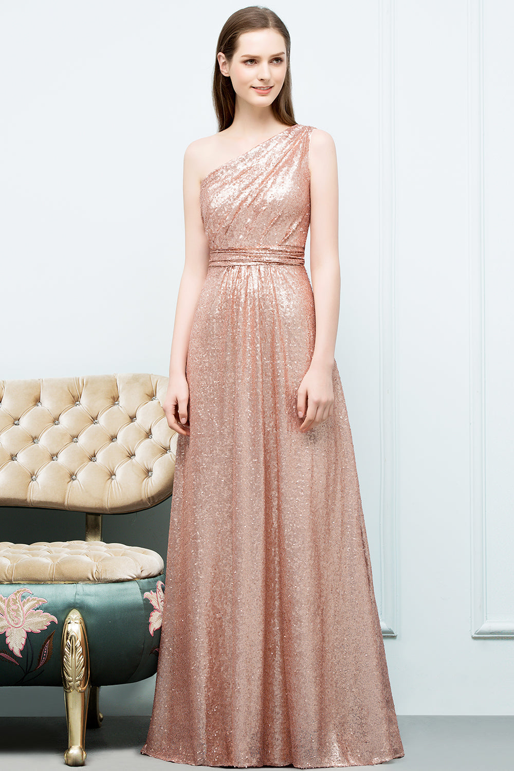 Gorgeous Sequined One-shoulder Bridesmaid Dresses with Ruffles - Fashionpara