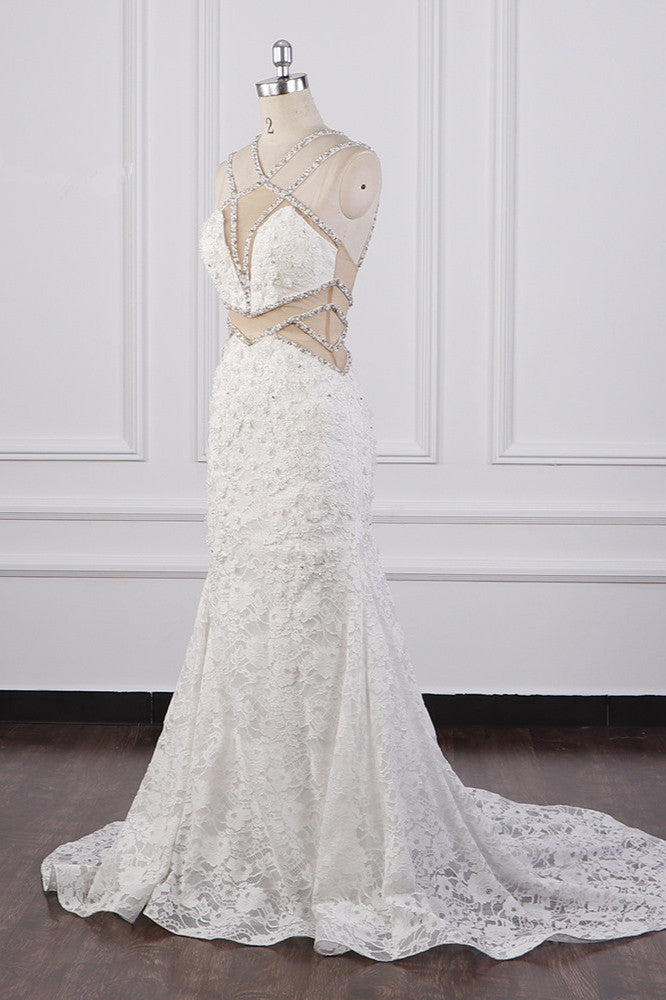 Gorgeous Sleeveless Lace Beadings Wedding Dress Appliques Rhinestones Bridal Gowns - Fashionpara