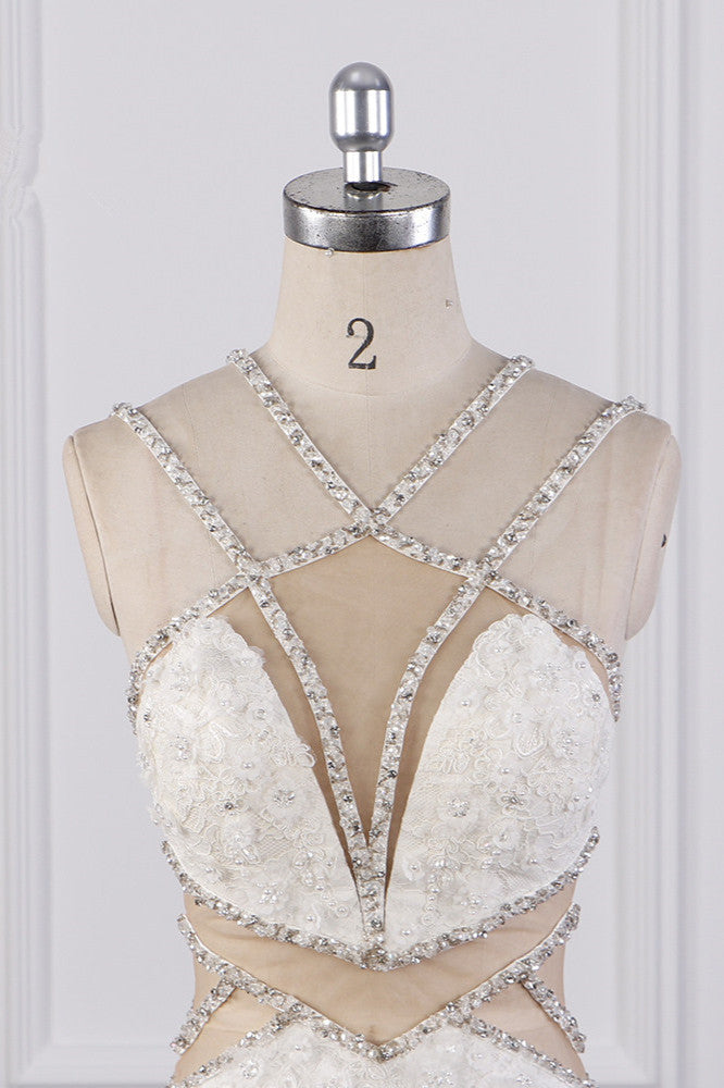 Gorgeous Sleeveless Lace Beadings Wedding Dress Appliques Rhinestones Bridal Gowns - Fashionpara