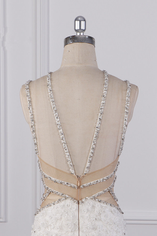 Gorgeous Sleeveless Lace Beadings Wedding Dress Appliques Rhinestones Bridal Gowns - Fashionpara