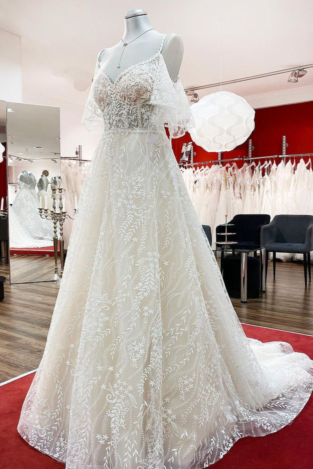 Gorgeous Sleeveless Tulle Lace Appliques Sweetheart A-Line Wedding Dresses - Fashionpara