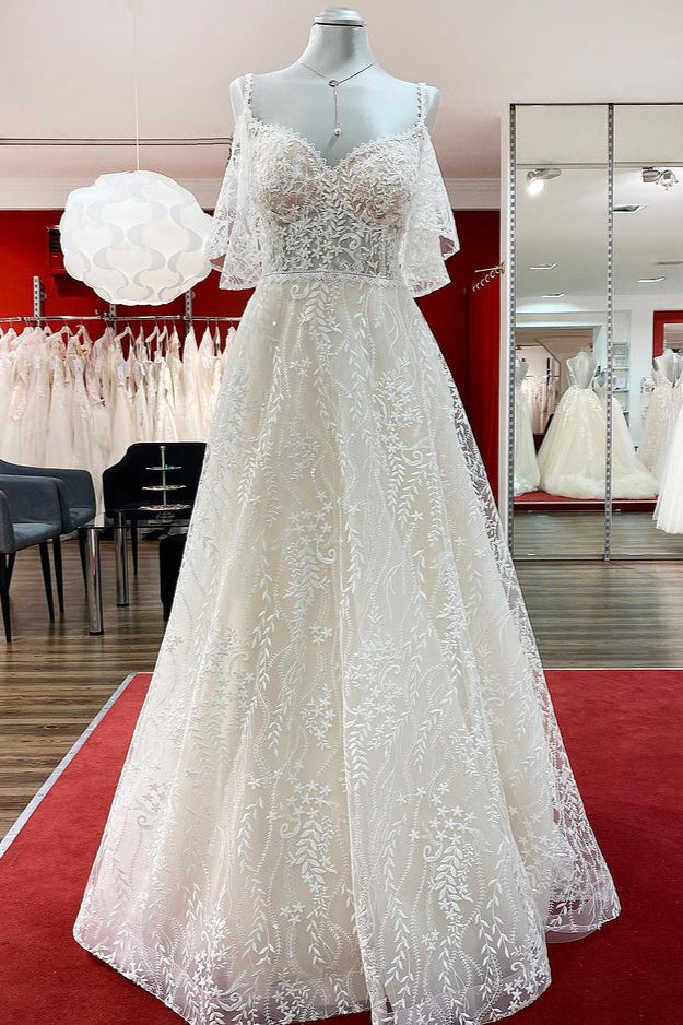 Gorgeous Sleeveless Tulle Lace Appliques Sweetheart A-Line Wedding Dresses - Fashionpara