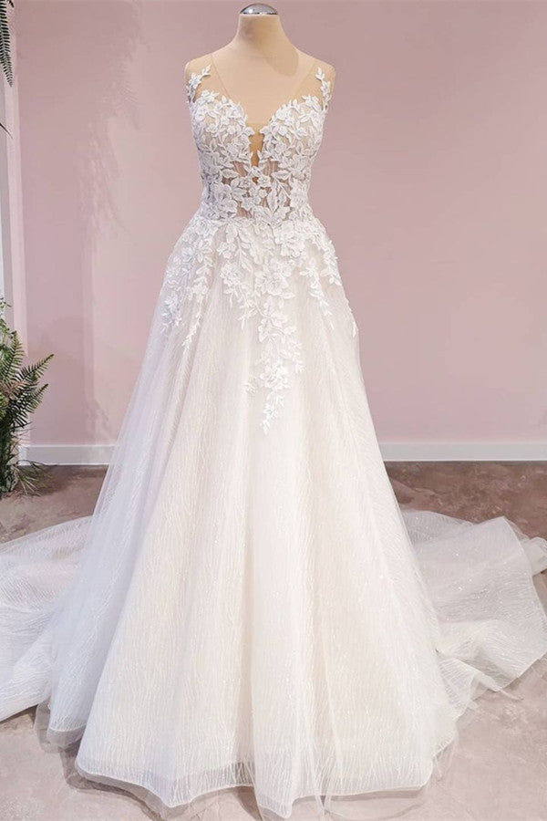 Gorgeous Sleeveless Tulle Wedding Dress With Lace Appliques - Fashionpara