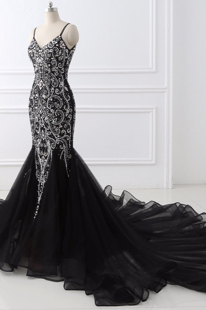 Gorgeous Spaghetti Straps Black Mermaid Prom Dresses with Rhinestones - Fashionpara