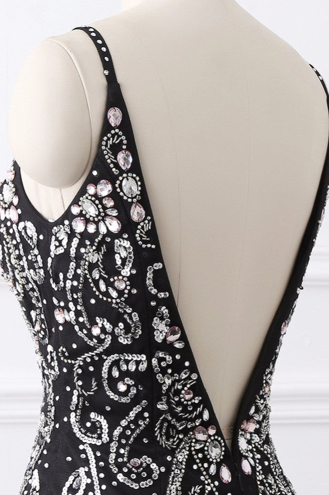 Gorgeous Spaghetti Straps Black Mermaid Prom Dresses with Rhinestones - Fashionpara