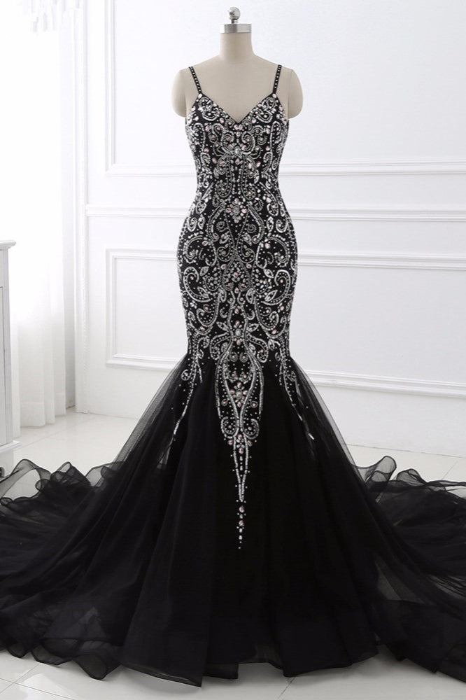 Gorgeous Spaghetti Straps Black Mermaid Prom Dresses with Rhinestones - Fashionpara