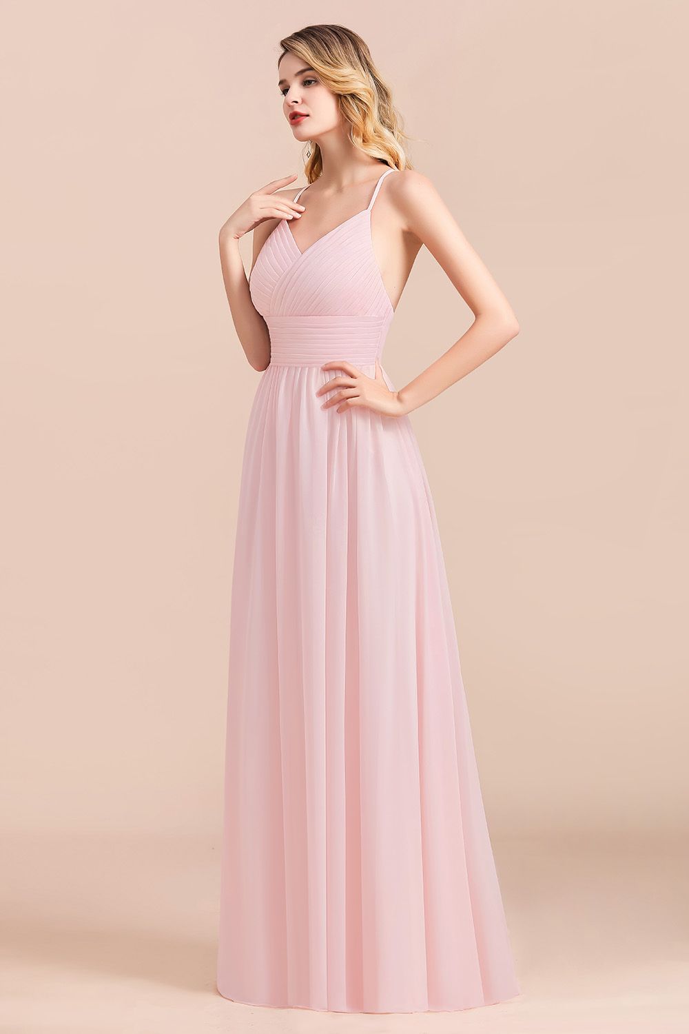 Gorgeous Spaghetti Straps Ruffle Pink Chiffon Bridesmaid Dresses Affordable - Fashionpara