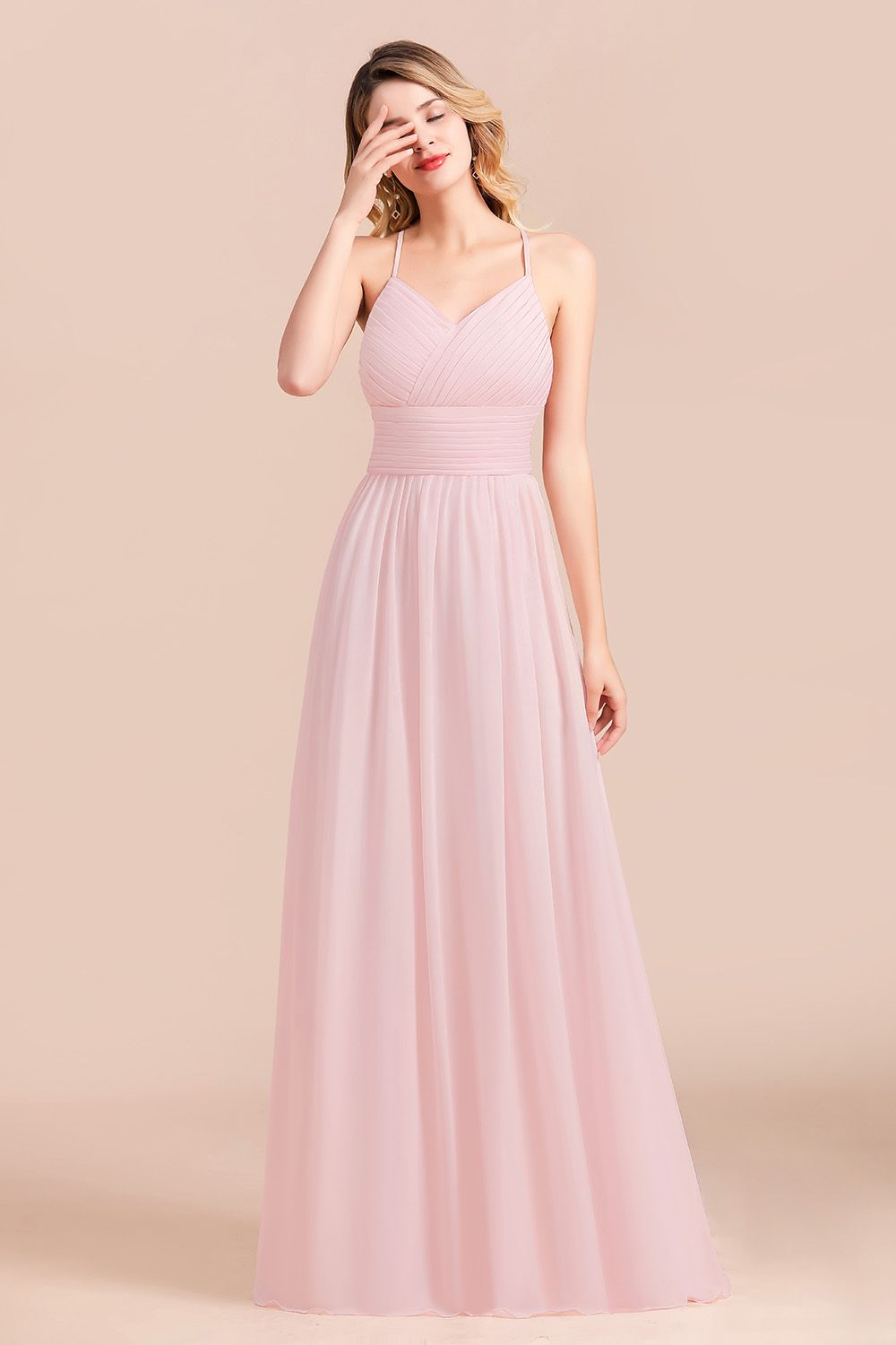 Gorgeous Spaghetti Straps Ruffle Pink Chiffon Bridesmaid Dresses Affordable - Fashionpara