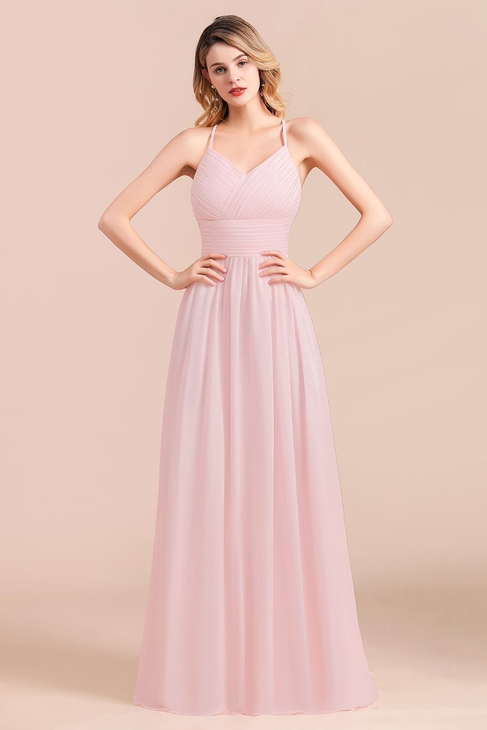 Gorgeous Spaghetti Straps Ruffle Pink Chiffon Bridesmaid Dresses Affordable - Fashionpara