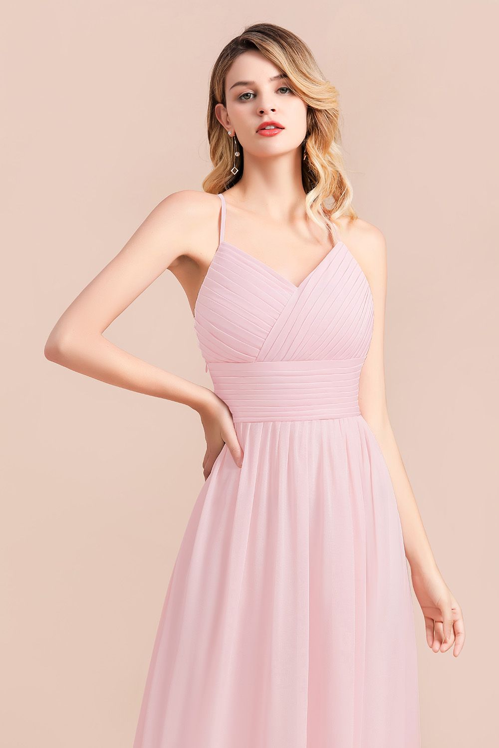 Gorgeous Spaghetti Straps Ruffle Pink Chiffon Bridesmaid Dresses Affordable - Fashionpara