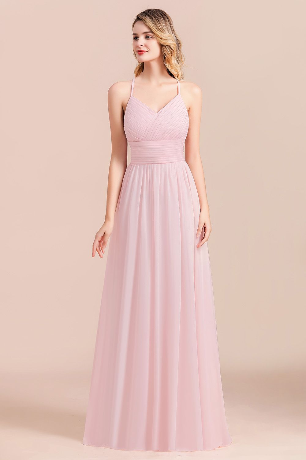 Gorgeous Spaghetti Straps Ruffle Pink Chiffon Bridesmaid Dresses Affordable - Fashionpara