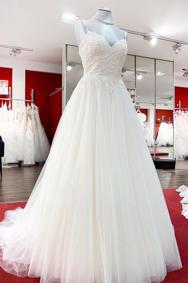 Gorgeous Spaghetti Straps Tulle Ivory Lace Wedding Dresses - Fashionpara