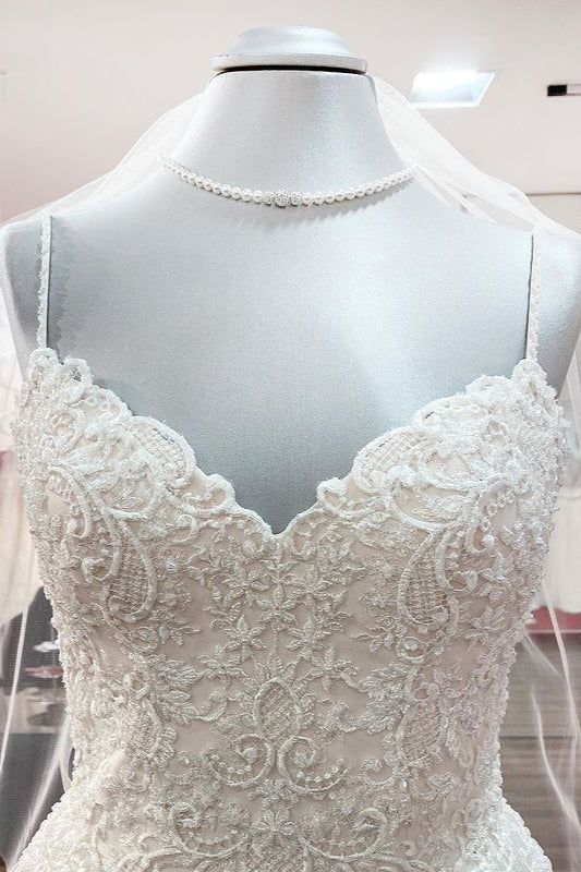 Gorgeous Spaghetti Straps Tulle Ivory Lace Wedding Dresses - Fashionpara