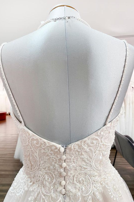Gorgeous Spaghetti Straps Tulle Ivory Lace Wedding Dresses - Fashionpara
